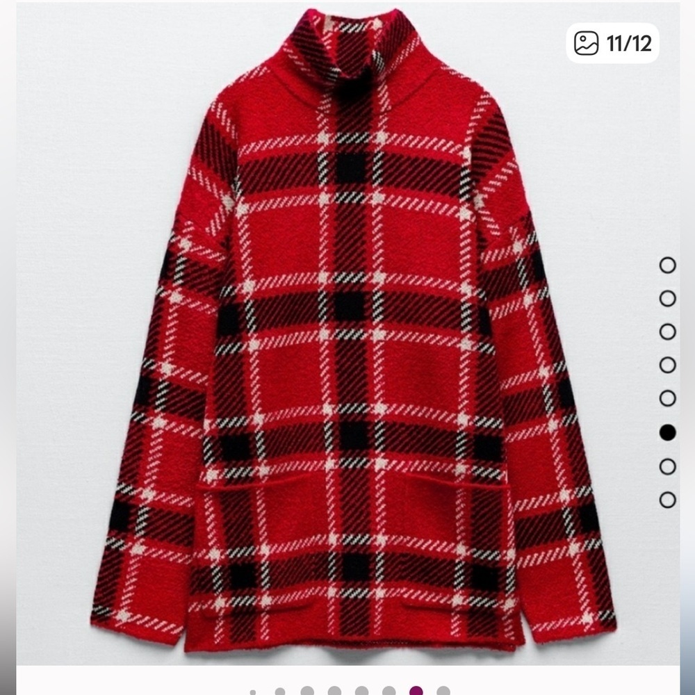 Zara Red and Black Plaid Knit Sweater with Pouch Pockets